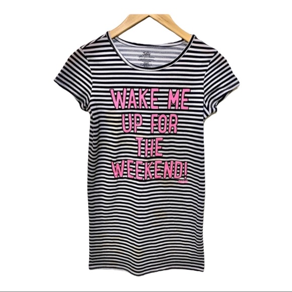 JUSTICE WAKE ME UP FOR THE WEEKEND NEON PINK BLACK WHITE STRIPED GOWN SIZE 10 - Picture 1 of 6